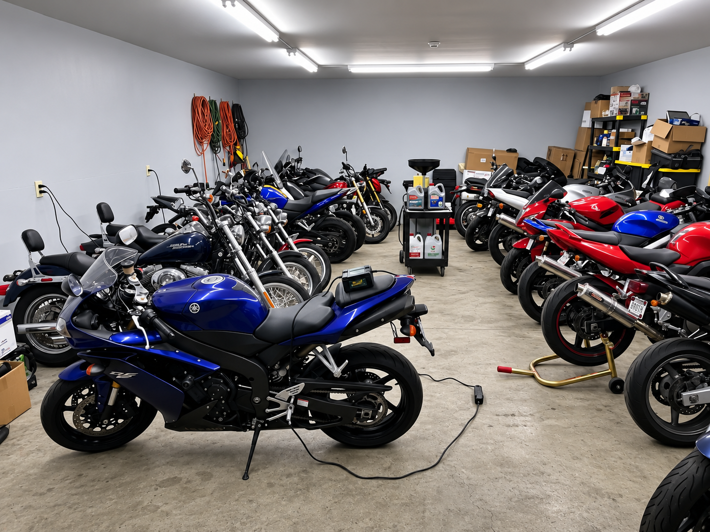 Inside the RidersChoice garage — bikes in for service and storage